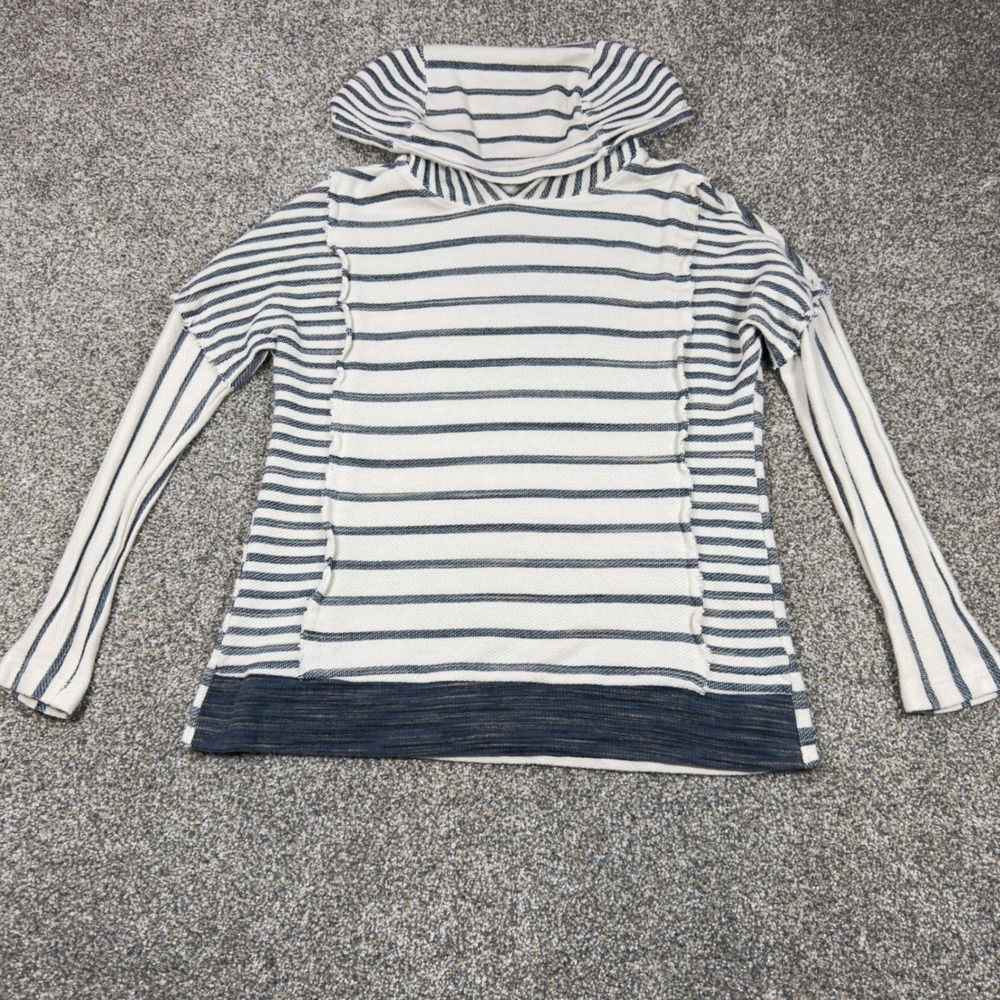 Soft Surroundings Striped Cowl Hooded PXS Top Navy Cream Raw Edge Coastal Chic
